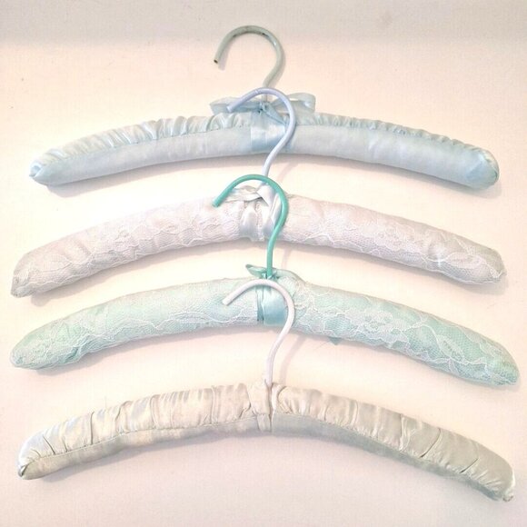 Unbranded Other - Blue & Green Padded Satin Lace Boudoir Lingerie Clothes Hangers 4 Lot